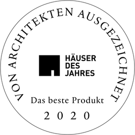 A circular award seal features the text "Häuser des Jahres 2020," highlighting top architecture recognition.
