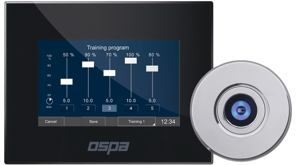 Een OSPA BlueControl bedieningspaneel toont een trainingsprogramma met verschillende instellingen voor tijd en percentages.