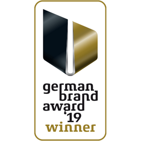 A logo featuring the German Brand Award 2019 winner, showcasing a sleek design with dark blue and gold elements.