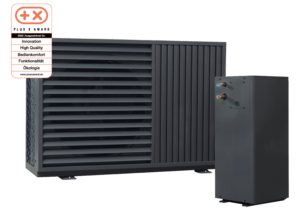 Een moderne warmtepomp met een award voor innovatie en ecologie staat prominent afgebeeld op een groene achtergrond. | © Plus X Award